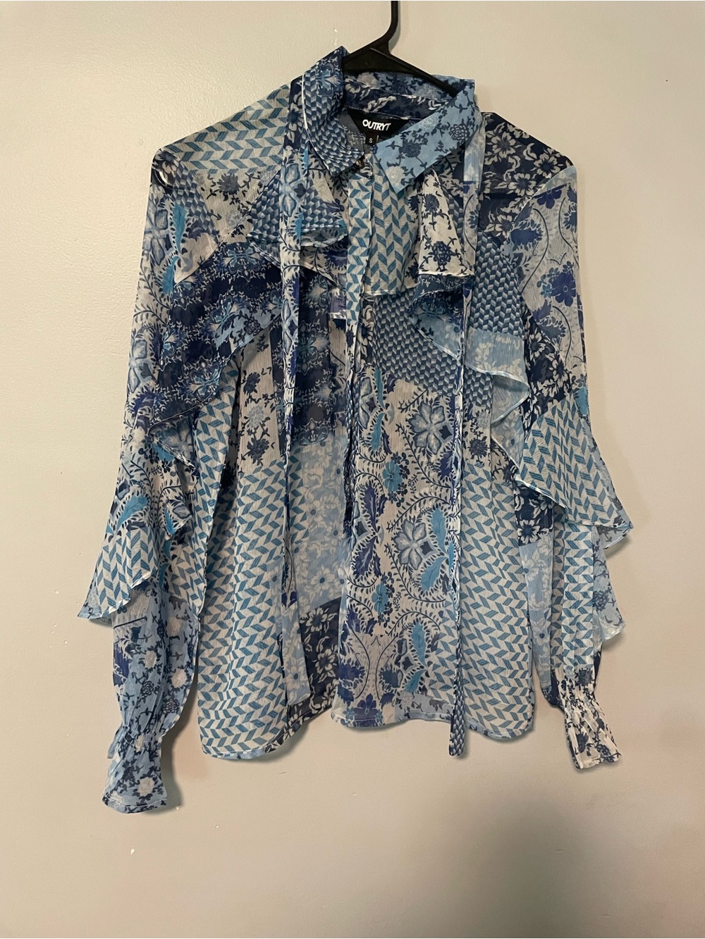 Outryt Blue Patchwork Ruffle Blouse Small NWT